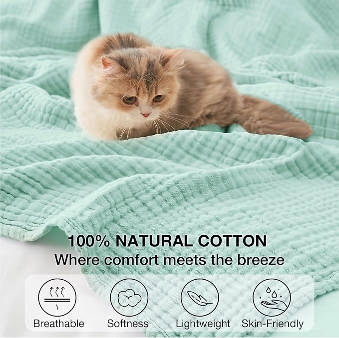 100% Cotton Muslin Blanket Large 50" x 70", Breathable and Lightweight Cotton Throw Blanket for Bed and Couch, Soft Cooling Summer Gauze Blanket for Adults All Season, Mint