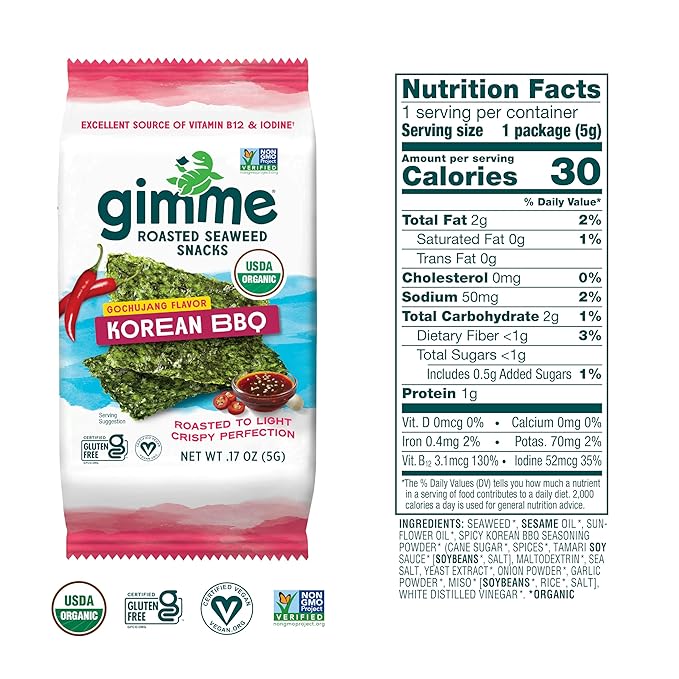 Gimme Seaweed Organic Premium Roasted Seaweed Snacks, Korean BBQ, 6 Count, Keto, Vegan, Gluten-Free, Great Source of Omega3s and Iodine, Healthy On-The-Go Snack for Kids and Adults (Pack of 2)