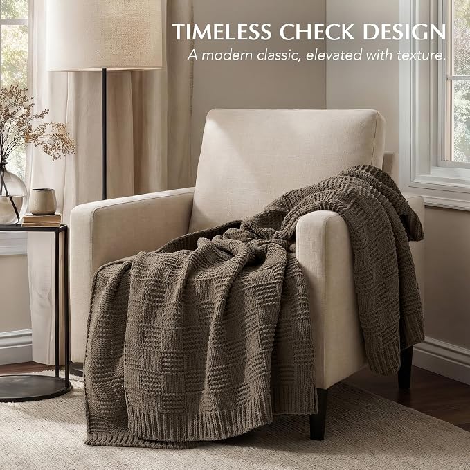 EVERGRACEHOME Modern Checkered Chenille Throw Blanket, 50x60, Mocha Brown | Lightweight Warmth, All-Season Breathability, OEKO-TEX certified, Timeless Grid Pattern, Farmhouse Throw for Couch, Bed, Sofa