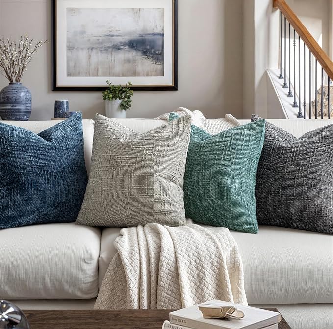MIULEE Chenille Textured Throw Pillow Covers Light Grey 18x18 Set of 2 | Slubby Decorative Pillows, Boho Farmhouse Home Decor, Modern Neutral Cushion Covers for Couch Sofa Bed Living Room
