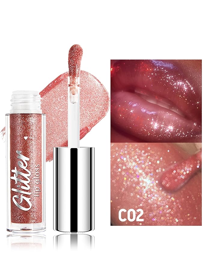 Erinde Glitter Shimmer Lip Gloss, Hydrating High-Shine Glimmer Finish & Sheer Wash Of Color Lip Oil, Non-Sticky, Moisturizing Lip Makeup, Bling Sparkle Lip Gloss Lipstick, Vegan & Cruelty-Free, 02