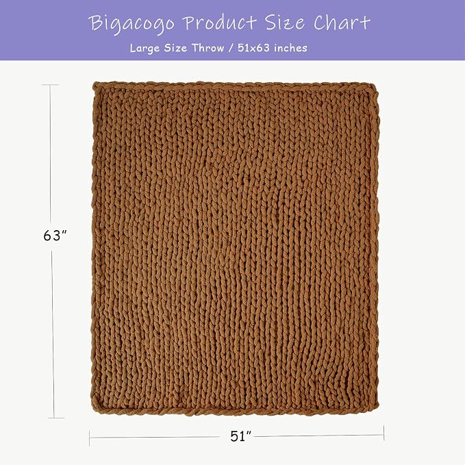 Bigacogo Chunky Knit Throw Blanket for Couch, 51x63 inches, Caramel | Hand Knit with Jumbo Chenille, Soft Breathable Cable Knit for Sofa Bed Living Room, Machine Washable, Gift for Mom Friend