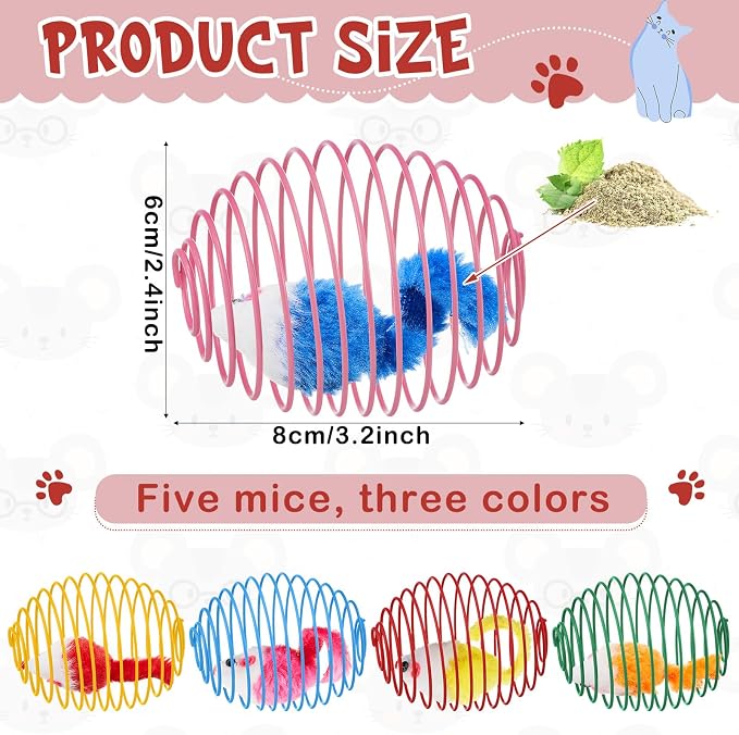 Jecery 5 Pcs Cat Toys Spring,Catnip Rats,Bright Color