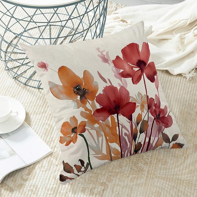 Floral Pillow Covers 18x18 Inches Set of 2 Burgundy Red Orange Floral Throw Pillow Covers Outdoor Rustic Flower Decoration Pillowcase Farmhouse Decorative Cushion Cover for Home Sofa Couch