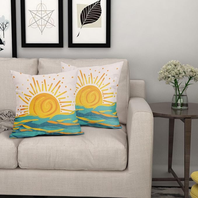 Summer Sunrise Pillow Covers 22x22 Inch Set of 2 Bright Yellow Sun Beach Rustic Throw Pillow Cases Outdoor Linen Square Cushion Cover Farmhouse Decor for Bedroom Home Sofa Couch Bed