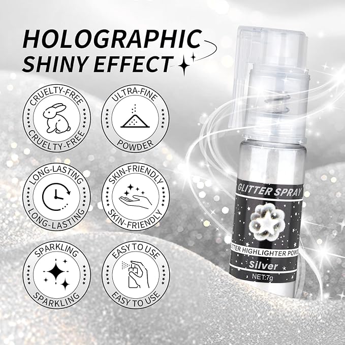 Silver Body Glitter Spray, Shiny Glitter Spray for Hair Body and Clothes, Long-Lasting Sparkle, Holographic Ultra Fine Shimmer Powder Glitter Hairspray for Rave Prom Makeup Halloween Crafts