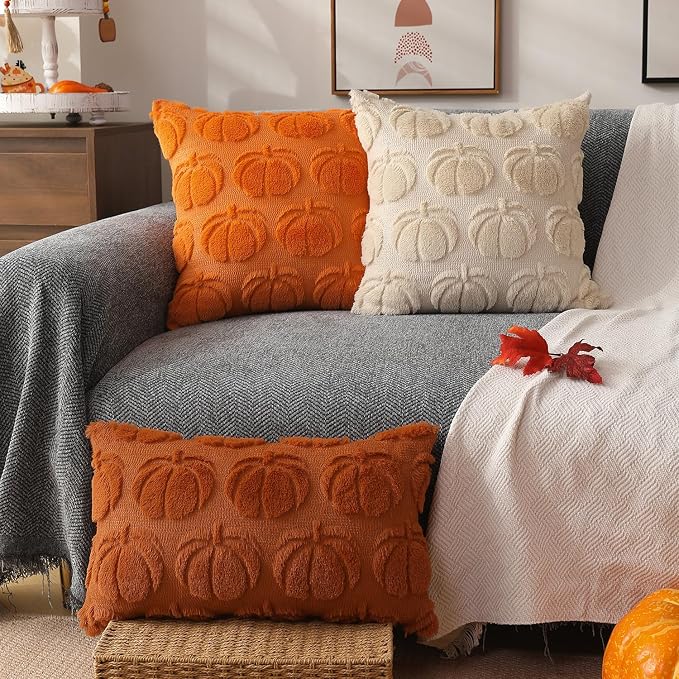 DFXSZ Fall Pillow Covers 12x20 2Pcs Rust Pumpkin Fall Decorations for Home | Fall decor Set of 2 Throw Pillow Cases Soft Plush Faux Fur Wool Couch Cushion for Chair Sofa Bedroom Living Room Home Decor