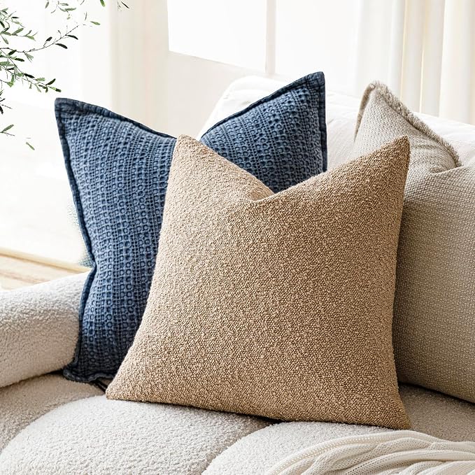 Foindtower Pack of 2 Textured Boucle Throw Pillow Covers Accent Solid Pillow Cases Cozy Soft Decorative Couch Cushion Case for Chair Sofa Bedroom Living Room Home Decor, 20 x 20 Inch,Taupe Khaki Camel
