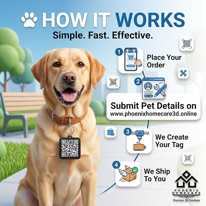 Phoenix Homecare Personalized QR Code Pet ID Tag for Dogs & Cats | Waterproof Smart Collar Tag | Custom Pet ID with Owner Contact, Emergency & Medical Information | No App Required