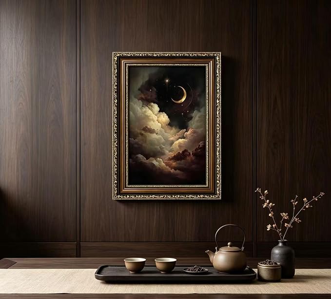 Vintage Gold Framed Crescent Moon Cloud Wall Art, Dark Academia Celestial Starry Sky Oil Painting Print, Antique Ornate Mystical Night Sky Wall Decor, Gothic Cottagecore Home Decor, 16x24in