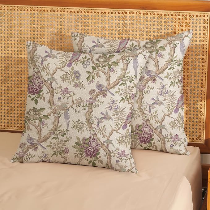 Chinoiserie Pillow Covers 24x24 Set of 2 Purple Green Floral Bird Throw Pillows Vintage Flowers Bird Decorative Pillow Cases Outdoor Chinoiserie Decor Farmhouse Cushion Case for Couch Sofa