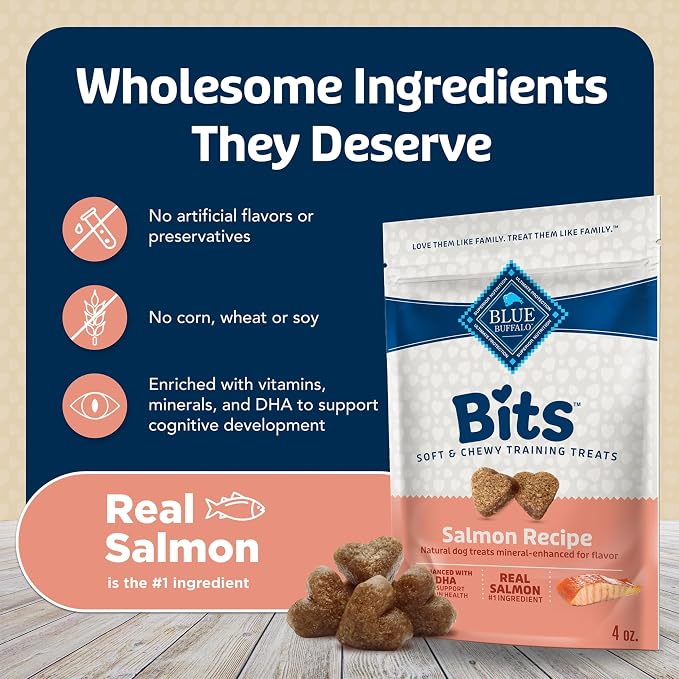 Blue Buffalo Bits Soft Dog Treats for Training, Made with Natural Ingredients & Enhanced with DHA, Salmon Recipe, 4-oz Bag (Pack of 6)