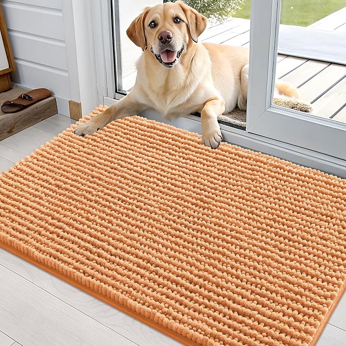 OLANLY Dog Door Mat for Muddy Paws 36x24, Extra Absorbent Chenille Mud Mat | Orange, Absorbs Moisture and Dirt, Non-Slip Machine Washable Doormat, Quick-Drying Indoor Entryway Floor Mat for Dogs