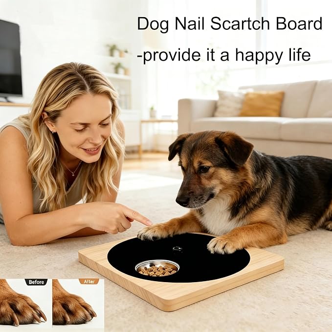 Dog Nail Scratch Board with Treat Board, Stress-Free Nail Care for Dog | Wood Scratching Pad with Sandpaper and 6 Steel Bowls, Nail File Toy for Dog