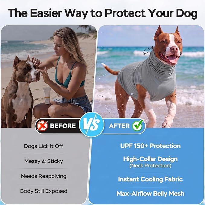 LovinPet UPF 150+ Dog Sun Shirt, Sleeveless High Neck Cooling UV Protection Clothes for Large Breeds, Quick Dry Lightweight Outdoor Vest with Breathable Belly Panel, Gray, 3XL