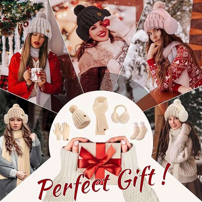 Yusongirl Winter Women Scarf Gloves Beanie Ear Muffs Socks Set Cold Weather Warm Knit Hat Fleece Long Neck Warmer 5 in 1 Set