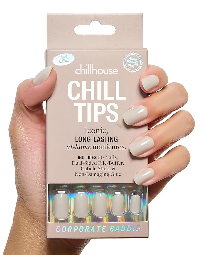 Chillhouse Chill Tips Signatures Press On Nails Kit, Corporate Baddie - 30 Nail Shapes & Sizes, Dual-Sided Buffer & File, Cuticle Stick & Glue - Long-Lasting Nail Art Manicures
