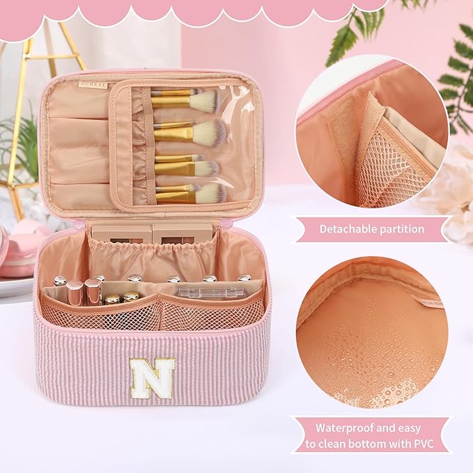 OCHEAL Makeup Bag Valentines Day Gifts for Women, Monogram Cosmetic Bag Pink Travel Makeup Case Beauty Toiletry Bag Organizer Personalized Gifts for Girls Bridesmaid, Sister, Wife, Friends Initiall N