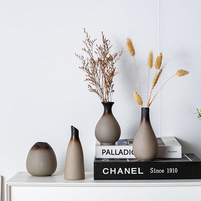 Tanvecle Rustic Ceramic Bud Vase Set of 11, Small Vases for Pampas Grass, Flowers, Modern Farmhouse for Home Decor, Vintage Decor, for Living Room, Dining Table & Shelves