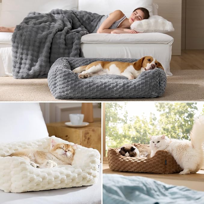 Bedsure Washable Dog Beds Large Sized Dog with Bubble Fleece,35in Cream | Cute Pet Bed,Fluffy Cuddler Pet Couch,Neck-Friendly Bolster,Non-Slip Bottom,Machine Washable Removable Cover ,Up to 50 lbs