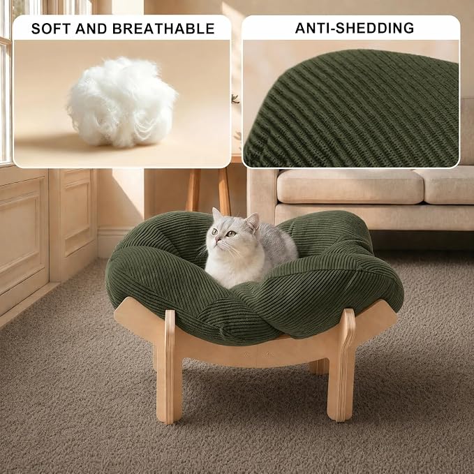 Elevated Flower Cat Bed Wooden Removable Cushion for Indoor Cats Small Dogs | Pet Couch Sofa with Fluffy Cushion, Raised Kitty Lounge Chair Suitable for Puppy, Modern Cat Furniture (Green)