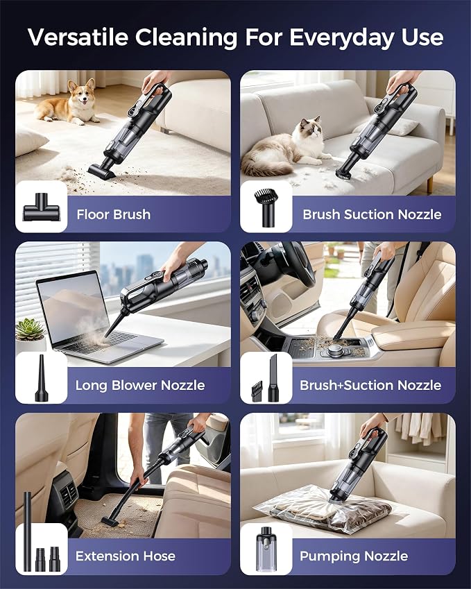 Cordless Handheld Vacuum Cleaner, 2-in-1 Vacuum & Blower, 36000Pa Suction Brushless Motor, Car Vacuum with LED Light, Lightweight, Portable for Car, Home, Office and Outdoor Use, Black