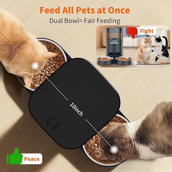 HoneyGuaridan Automatic Cat Feeder for 2 Cats,2.4G/5G WiFi APP Control | Dual Cat Food Dispenser for Multiple Cats,2 Stainless Steel Bowls & 2 Slow Feeder Anti-Choking Bowls, Dual Power