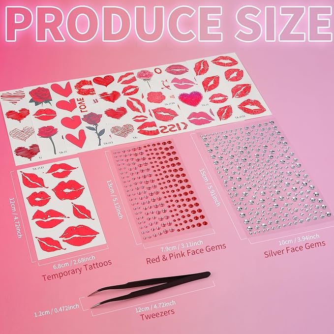 YGDZ Kiss Tattoos Temporary Set, Red Lip Tattoo Stickers & Face Gems for Valentines Makeup, 10 Sheets Lipstick Kiss Temporary Tattoo, Heart Fake Tattoos, Hair Gems, Body, Face Rhinestones for Women