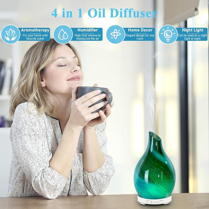 Essential Oil Diffuser 120ML Glass Aromatherapy Diffuser with 4 Timer Settings & 7 Color Changing Lights, Auto Shut-Off, Ultra Quiet Oil Diffuser for Home, Office, Yoga, Spa