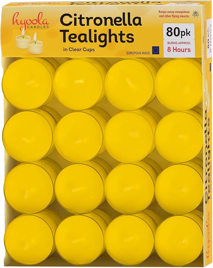 Hyoola Tealight Citronella Candles Outdoor, 8 Hour Burn Time - Indoor and Outdoor Mosquito, Insect and Bug Repellent Citronella Candle, Natural Fresh Scent, Decorative in Clear Cup (Pack of 80)