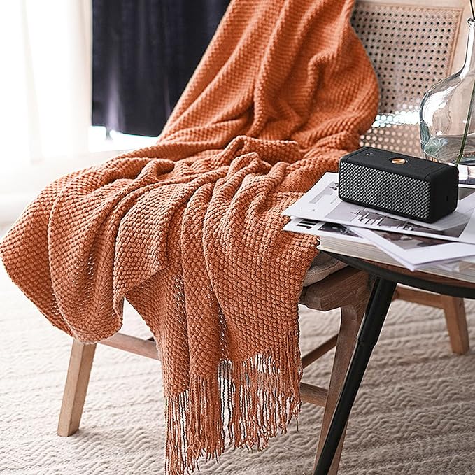LOMAO Knitted Throw Blanket with Tassels Bubble Textured Lightweight Throws for Couch Cover Home Decor (Orange, 60x80)