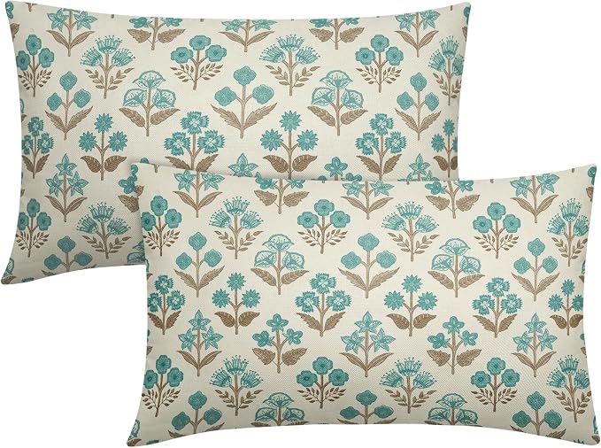 Brown Cyan Floral Pillow Covers 12x20 Inch Set of 2, Block Print Lumbar Flower Cream Decorative Throw Pillowcases Outdoor Farmhouse Rectangle Cushion Covers Spring Summer Sofa Couch Bed Decor