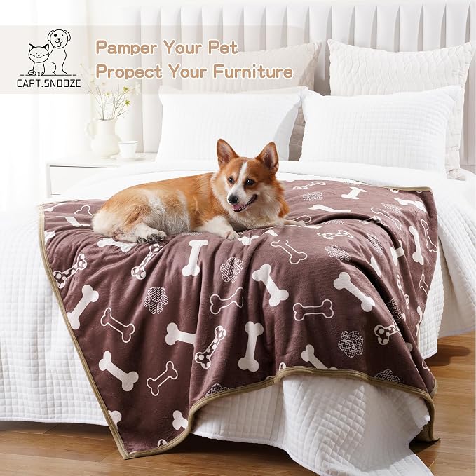 Washable Waterproof Dog Blankets for Large Dogs 60"x80" | Soft Fluffy Pet Blanket for Couch Sofa Car Crate Bed Protector, Reversible Sherpa Fleece Dog Blanket, Chocolate Brown-Bones