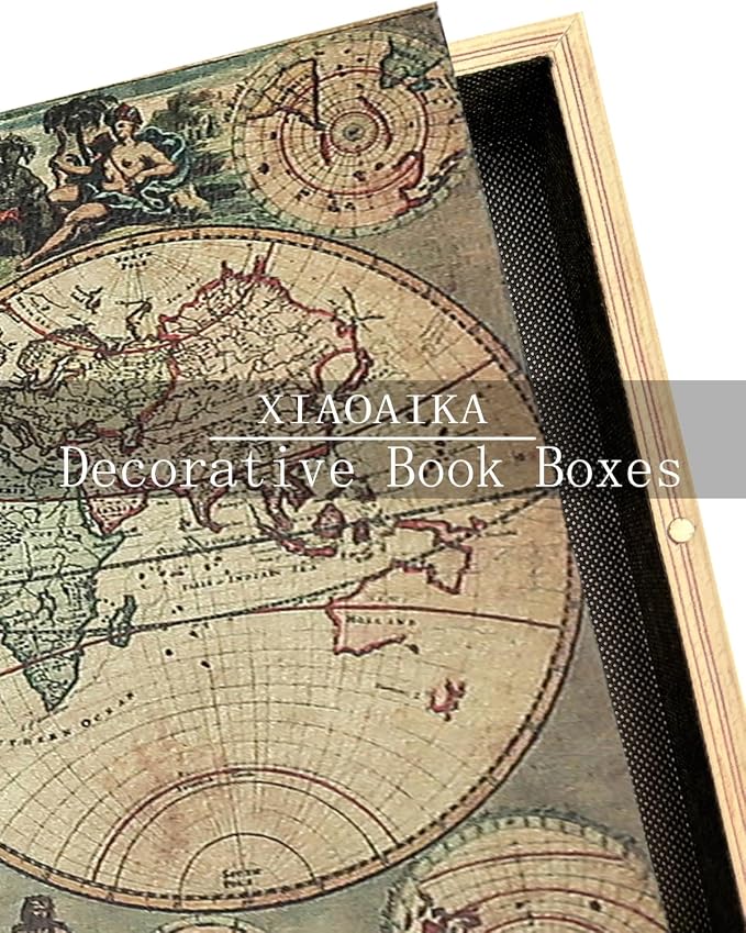 Decorative Wooden Book Boxes Set of 3, World Map Pattern, Antique Look with Magnetic Leather Cover, Hidden Secret Storage for Jewelry, Keepsakes, and Gifts
