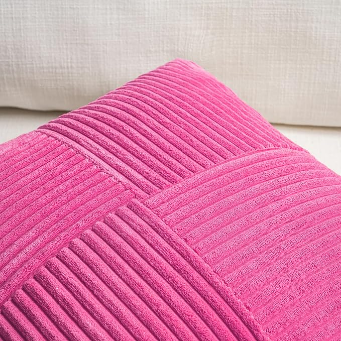 Fancy Homi Hot Pink Lumbar Decorative Throw Pillow Covers 12x20 Inch for Living Room Couch Bed Sofa, Rustic Farmhouse Boho Home Decor, Soft Striped Corduroy Rectangle Accent Cushion Case