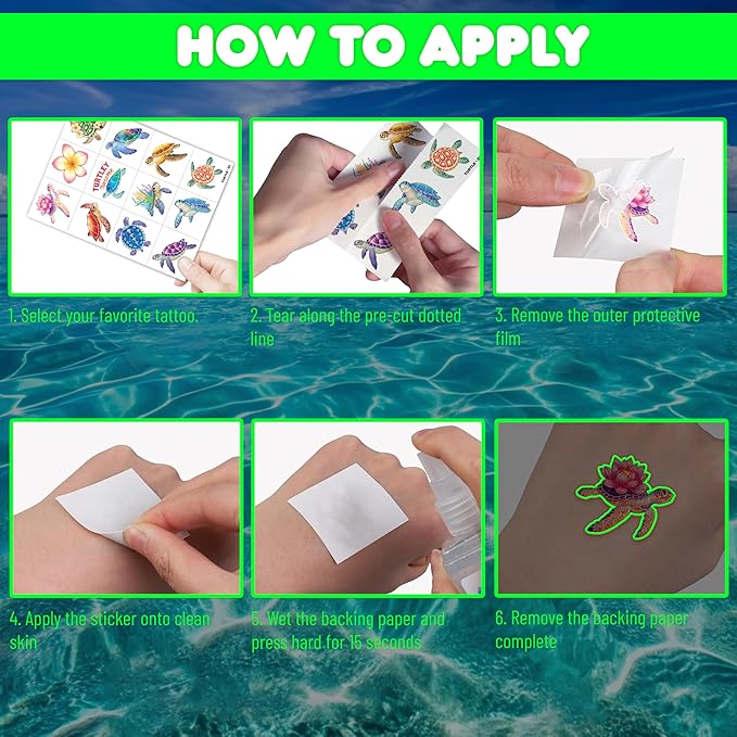 96 PCS Turtle Pre-Cut Luminous Glow in the dark Temporary Tattoos for Kids | Super Cute First Themed Birthday Party Favors Supplies Decorations, Fake Ocean Animal Tattoo Stickers Gifts for Boys Girls