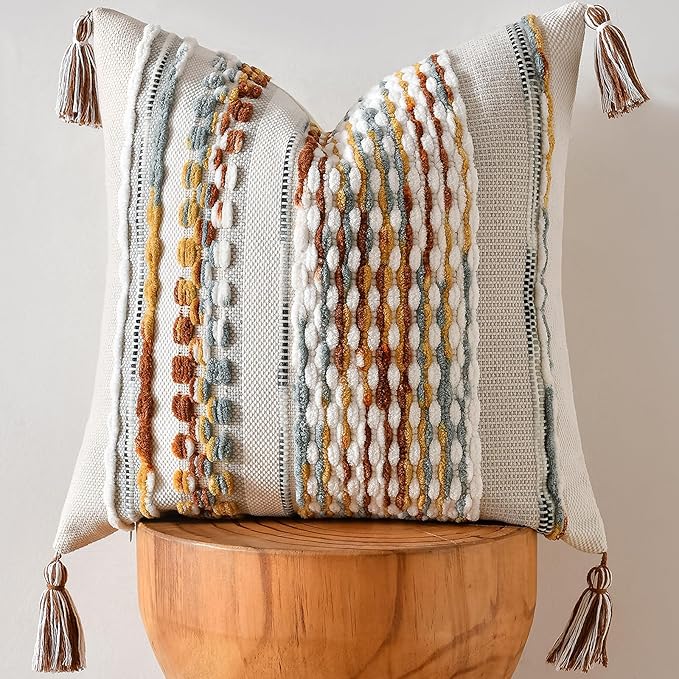 Chenille Striped Textured Boho Throw Pillow Covers Aesthetic with Tassels Woven Decorative Pillow Case for Couch Bed Sofa Bedroom Modern Funky 18 x 18-Inch Brown