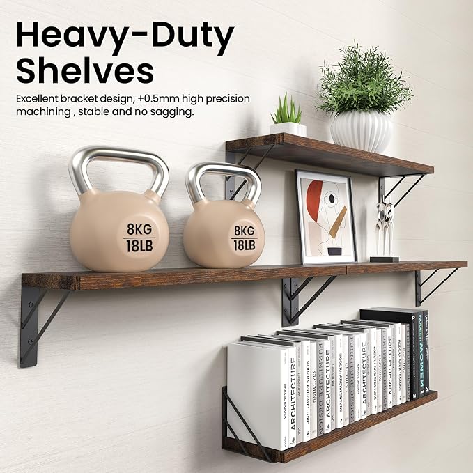 BAYKA Wall Shelves for Bedroom Decor, Floating Shelves for Wall, Display Mounted Rustic Wood Shelf for Books,Plants,Corner Shelves for Bathroom,Kitchen,Living Room(Rustic Brown，23in，Set of 4)