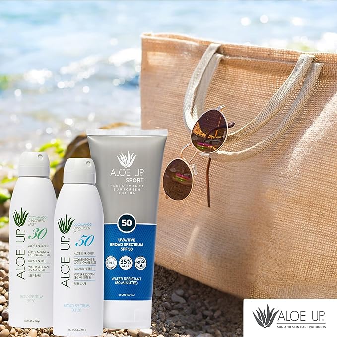 Aloe Up White Collection Sunscreen Spray SPF 50, White Collection Sunscreen Spray SPF 30, and Sport Sunscreen Lotion SPF 50 - Bundle with Face and Body Sunscreen Protector - Reef Friendly - 3 Items