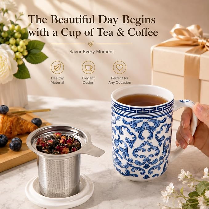 AmorArc Porcelain Tea Mug with Infuser and Lids, 18 Oz Large Cup Strainer with Bag Holder for Loose Leaf Tea, Steeping Coffee Mug for House-Warming Wedding Birthday Gift