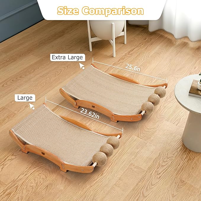 3 in 1 Sisal Cat Scratcher Bed, Solid Pine Cat Scratcher with Balls (Wood) | Extra Large Cat Scratching Post with Hammock, Cat Scratcher for Scratch & Play & Rest, Cat Furniture for Indoor Cats, Kitten