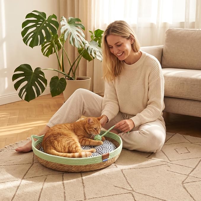 VIVIKIT Natural Cattail Cat Bed for Indoor Cats, 18.1" x 4.7" (Green) | Natural cattail, cotton trim, all season, scratch-proof, teaser ball, removable washable pad, for cats & dogs up to 22 lbs