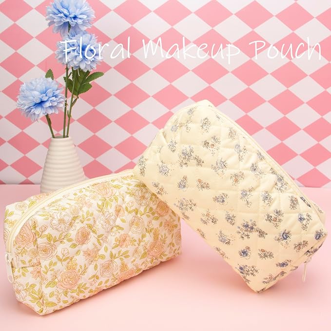 PAZIMIIK Small Quilted Makeup Bag,Zipper Cosmetic Pouch,Hyacinth Beige | Lightweight Cosmetic Bag Organizer for Women,Purse Storage Holds Makeup,Toiletries,Skincare,Beauty Essentials,Travel Items