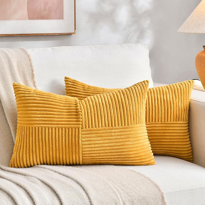 Fancy Homi Gold Yellow Lumbar Decorative Throw Pillow Covers 16x32 Inch for Living Room Couch Bed, Boho Farmhouse Fall Home Decor, Soft Corduroy Corss Patchwork Cushion Case 40x80 cm