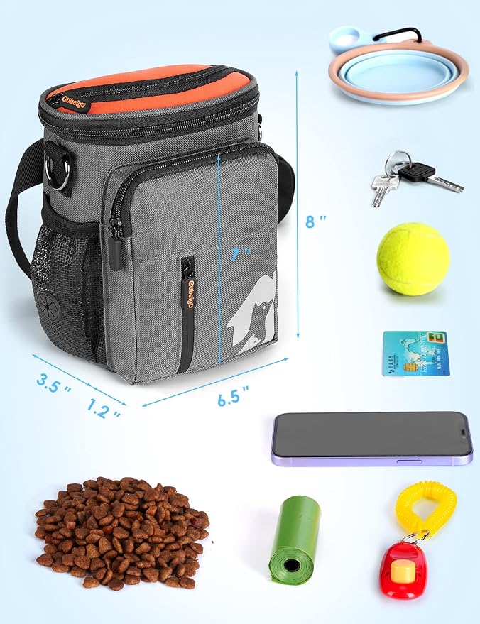Gobeigo 8 Cup Dog Treat Pouch with Training Clicker(Gray & Orange) | 3 Ways to Wear/Built-in Poop Bag Dispenser/Zipper Front Pocket Phone Friendly Treat Bag for Pet Training & Walking