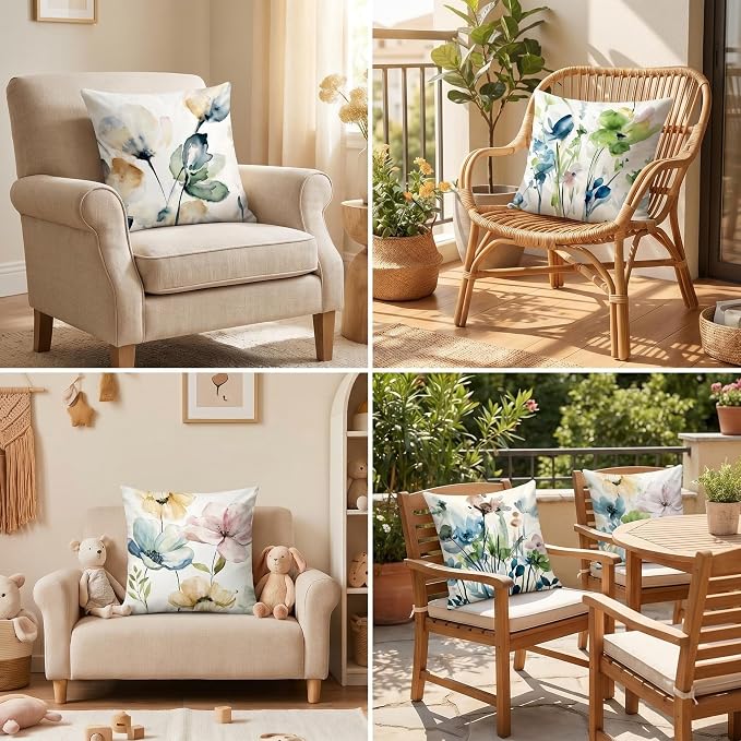COMMINY Colorful Floral Pillow Covers 18x18 Set 6 Decorative Throw Cover | Farmhouse Flower, Breathable Linen, Standard Throw Pillow Size, Bedroom Accent Couch Sofa, Spring Summer Decor