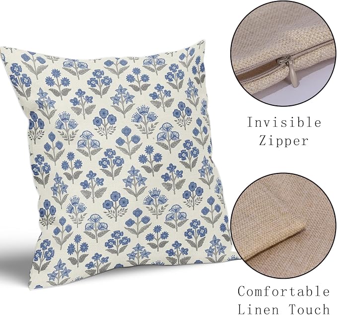 Blue Grey Gray Floral Block Print Pillow Covers 18x18 Inch Set of 2, Vintage Flower Pattern Decorative Throw Pillowcases Outdoor Farmhouse Cushion Covers Spring Summer Rustic Sofa Couch Bed Decor
