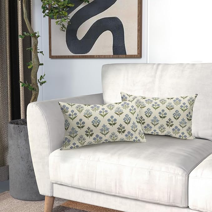 Blue Green Block Print Lumbar Pillow Covers 12x20 Inch Set of 2, Vintage Floral Decorative Throw Pillow Cases Boho Cushion Covers Rustic Decoration Gift Farmhouse Sofa Couch Bed Decor