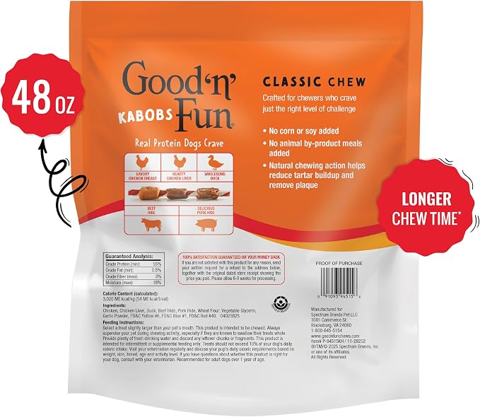Good 'n' Fun Kabobs Long-Lasting Dog Treat Made With Real Protein, 48 oz | Premium Chicken, Pork and Beef Hide Chew, Supports Dental Health and Mental Stimulation, For Adult Dogs