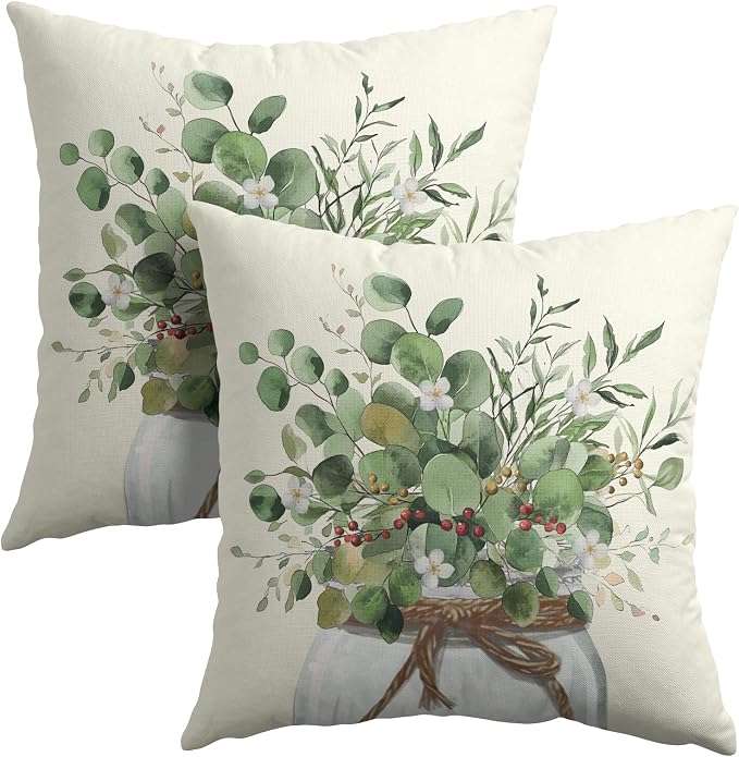 Kawani Eucalyptus Leaves Throw Pillow Covers 22x22 Inch 2Pcs Green Sage Leaf White Flowers Mason Jar Farmhouse Pillowcases Cotton Linen Cushion Cover for Couch Sofa Bed Summer Home Decor